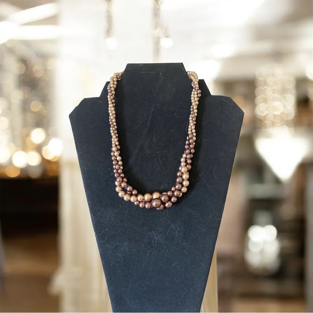 Vintage Signed Necklace "RMN" Faux Pearl Multi Strand Brown Champagne Graduated